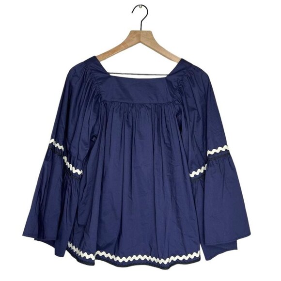 Vineyard Vines Ric Rac Bell Sleeve Blouse Navy Blue Size S Crop Cotton-Blend - Picture 4 of 7